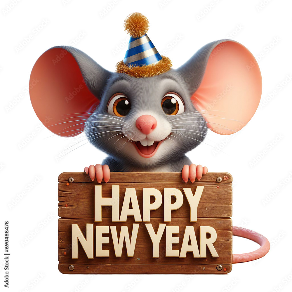 Cute Animal 3D Mouse Holding 'Happy New Year' Board and Wearing Party Cap Cartoon: Isolated on ...