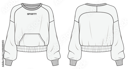 Women's sweatshirt , Fashion Flat Sketch Vector Illustration, CAD, Technical Drawing, Flat Drawing, Template, Mockup.
