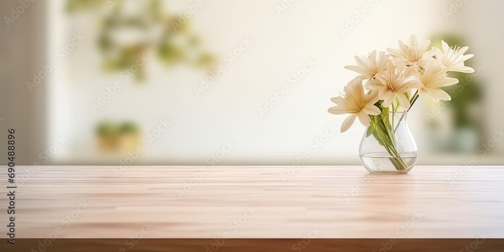 Modern wooden table with empty display space. Abstract and elegant background ideal for showcasing products or creating minimalist atmosphere in any interior setting - obrazy, fototapety, plakaty 