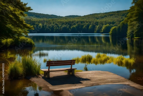 Inviting stock photo capturing the essence of Vermont's summer, featuring a serene lake scene with a comfortable seat immersed in the water, the horizon stretching with picturesque views © usama