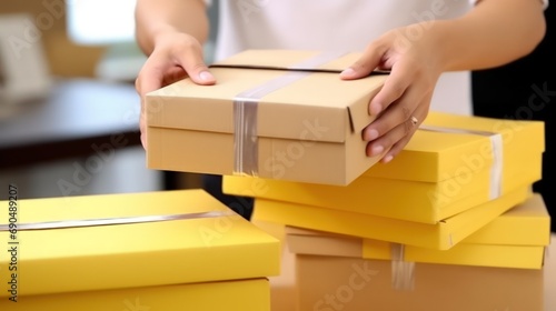 Close-up hands with a cardboard box. Serviceman while working in a postal service warehouse. Cardboard boxes with parcels from online stores at the post office. Delivery service.