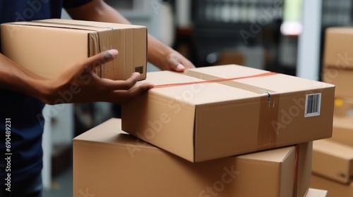 Close-up hands with a cardboard box. Serviceman while working in a postal service warehouse. Cardboard boxes with parcels from online stores at the post office. Delivery service.