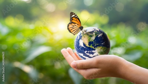 Eco Freedom: Hand Holding Earth, Butterfly in Green Space