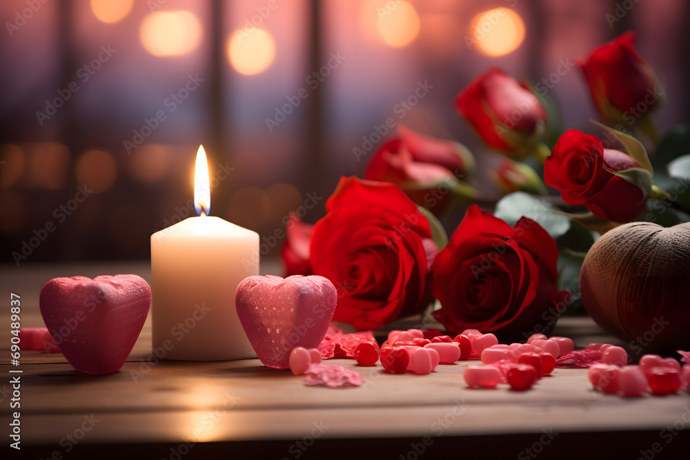 valentines day background, social media background for vday, full of romance cards with love, red rose and candles