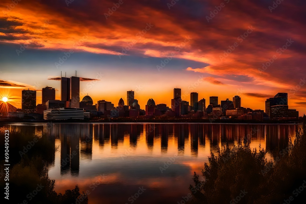 Urban Montreal captured during a vibrant sunset, featuring iconic landmarks bathed in warm hues, reflecting in the waters