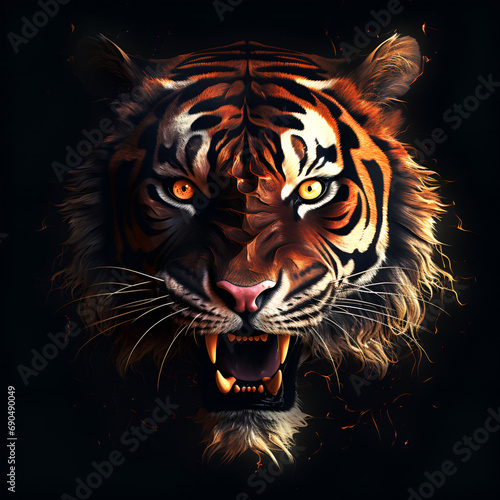 Tiger Fire Energy, tiger head vector illustration, A tiger with its mouth open showing its teeth, Majestic Tigers: Captivating Images of the Fierce Wild Cats 