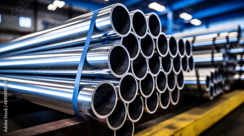 Stack of stainless steel pipes background , metallurgical industry backdrop concept image