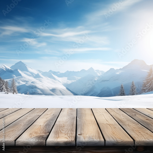 Empty wooden table in front of winter landscape