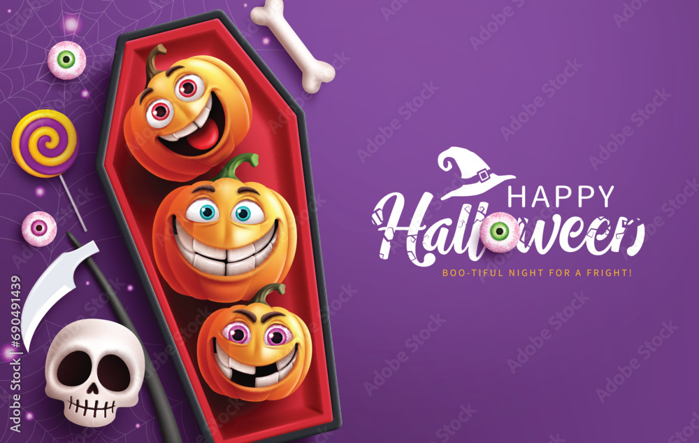 Happy halloween text vector design. Halloween greeting card with cute pumpkins in red coffin elements in purple background for kids party horror invitation. Vector illustration holiday season trick Happy halloween text vector design. Halloween greeting card with cute pumpkins in red coffin elements in purple background for kids party horror invitation. Vector illustration holiday season trick