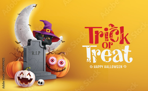 Trick or treat text halloween vector design. Happy halloween greeting card with cute cat, spooky pumpkins and grave stone decoration elements in yellow background. Vector illustration holiday horror 