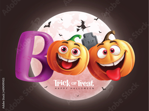 Happy halloween text vector design. Halloween trick or treat with boo greeting text and pumpkins characters in scary creepy full moon background. Vector illustration horror season concept.
