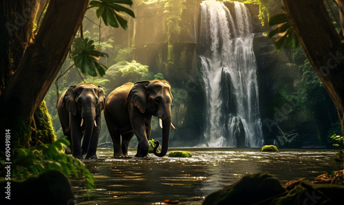 Elephants at the stream in the beautiful green forest. © katobonsai
