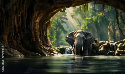 Elephants at the stream in the beautiful green forest. © katobonsai