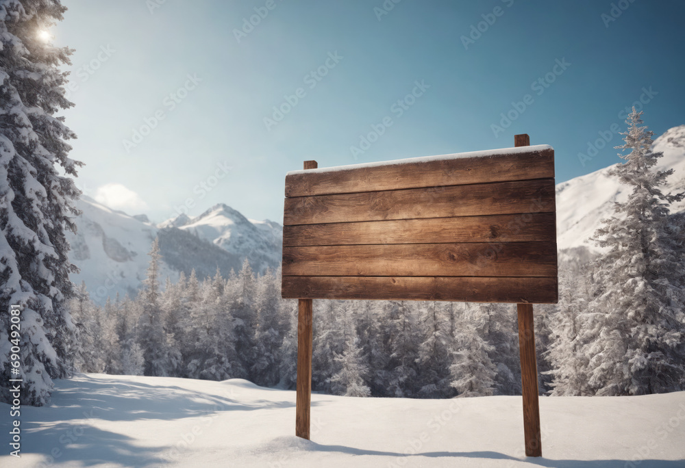 Naklejka premium Wooden sign in front of winter landscape blurred background