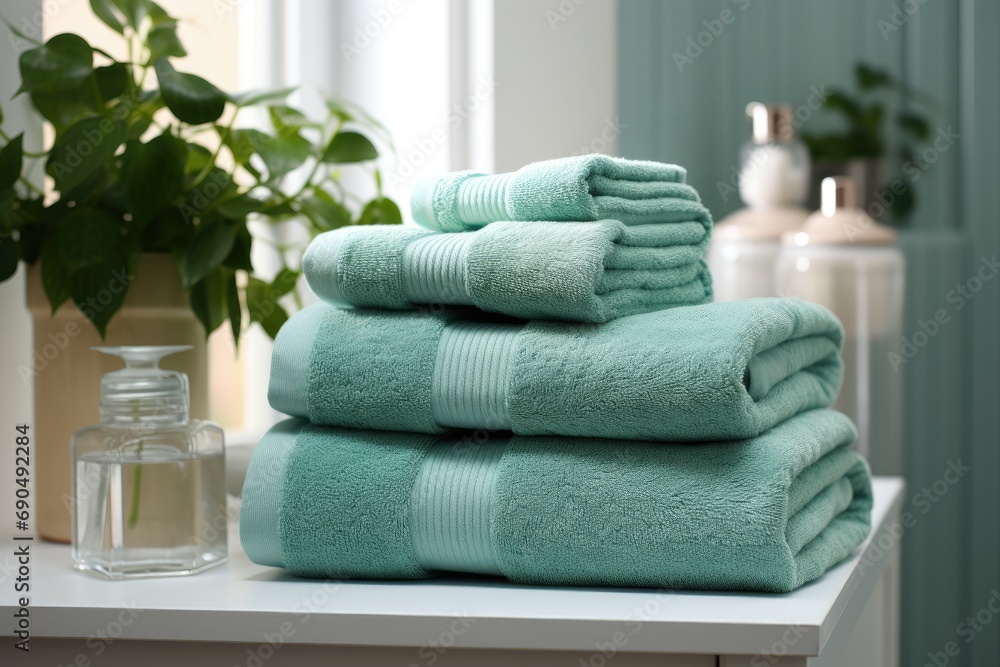 A set of light green towels in the bathroom.