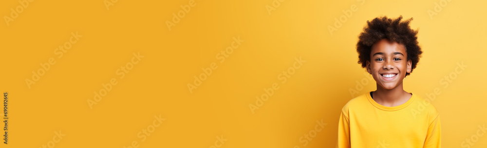 Happy African American pupil teenager pupil kid in hoodie on red background studio portrait. Horizontal banner. Positive kid childhood lifestyle concept. Empty space place for text, copy paste Happy African American pupil teenager pupil kid in hoodie on red background studio portrait. Horizontal banner. Positive kid childhood lifestyle concept. Empty space place for text, copy paste