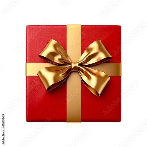 Red gift box with golden ribbon clipart. Top view. Generative AI 