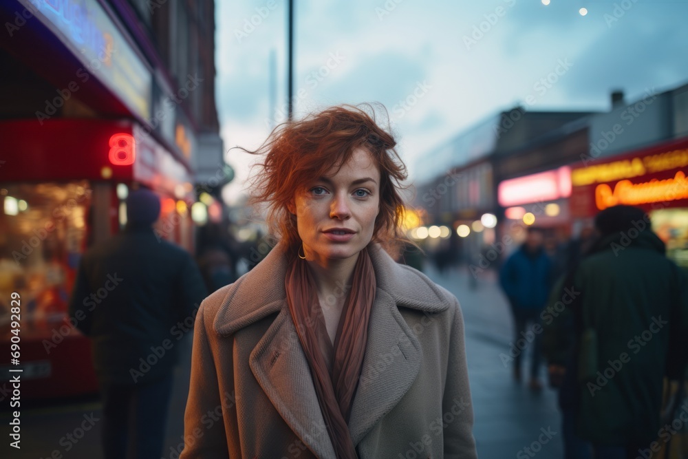 Beautiful red-haired girl in a coat walks through the city.