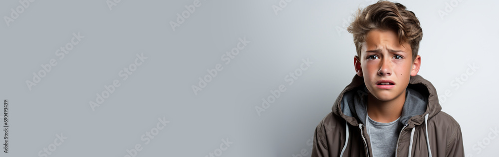 Crying young man suffering from headache, migraine, feeling stressed, sick, tired thinking over bad news, crisis depression, school bulling mental emotional problems concept. Copy paste place for text Crying young man suffering from headache, migraine, feeling stressed, sick, tired thinking over bad news, crisis depression, school bulling mental emotional problems concept. Copy paste place for text