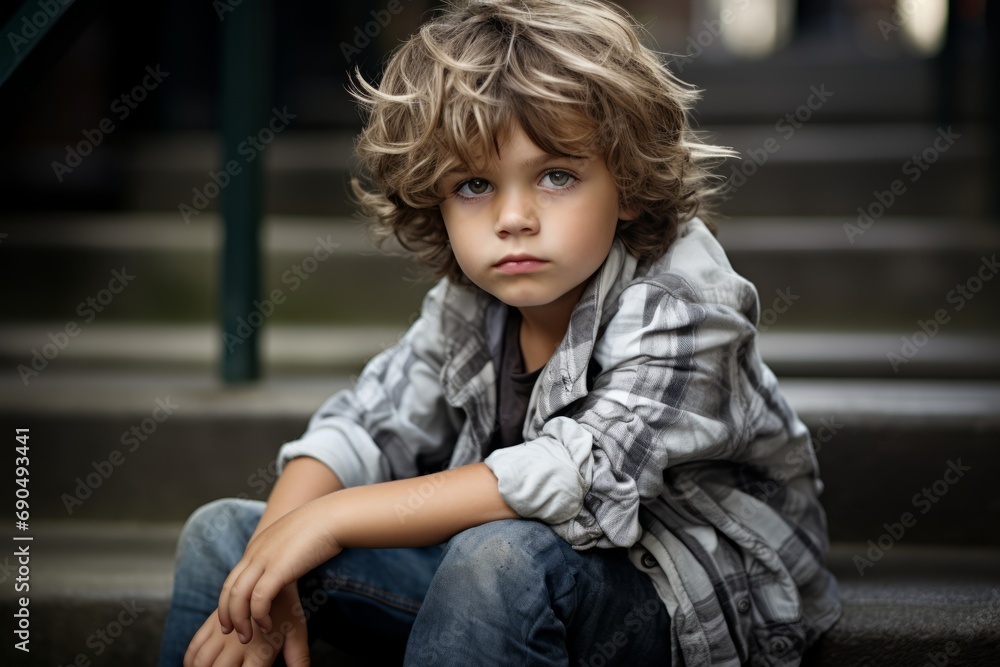 Portrait of a sad little boy sitting on the stairs outdoors. Portrait of a sad little boy sitting on the stairs outdoors.