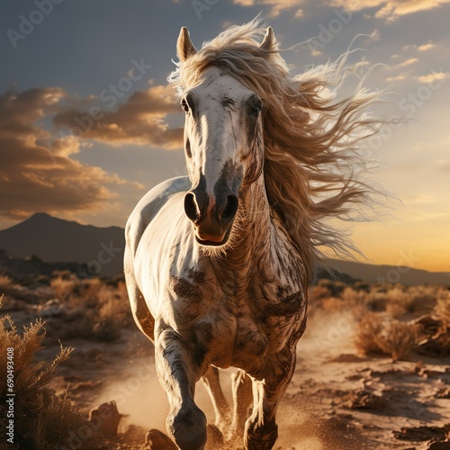 white horse trotting through the desert with flowing mane
