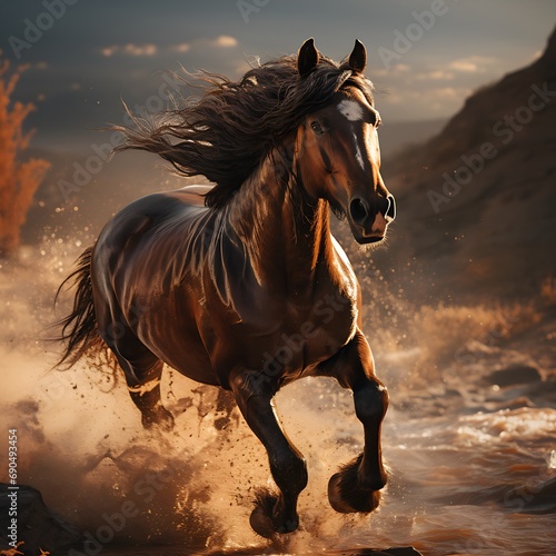 galloping freedom  brown horse in water with mountain backdrop