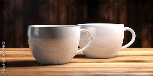 White Mugs On Wooden Table With Dark Background And Shadow,, Mockup Of A 3d Mug Design Background