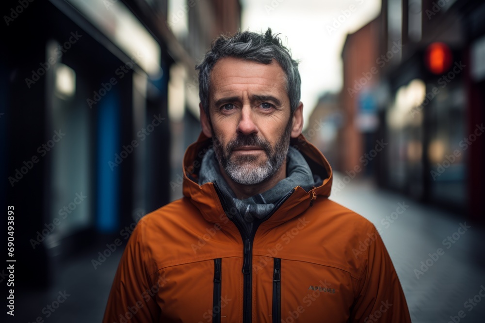 Portrait of a bearded middle-aged man in an orange jacket on a city street. Portrait of a bearded middle-aged man in an orange jacket on a city street.