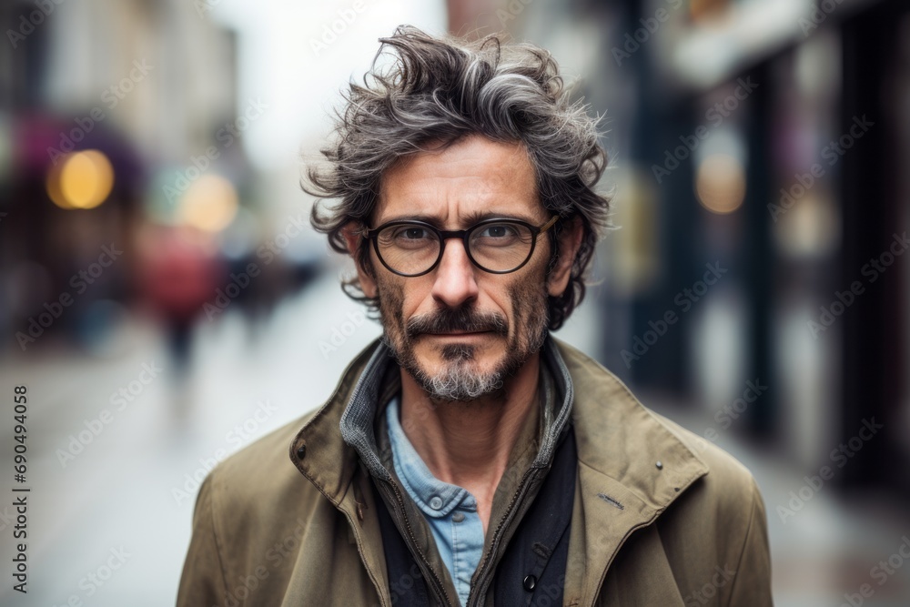 Handsome middle aged man with mustache and glasses in a urban street.