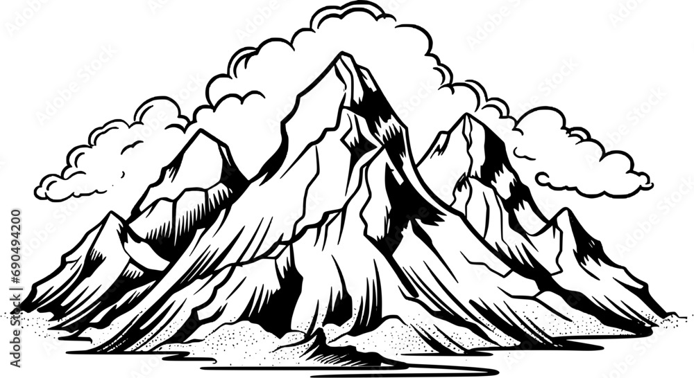 Snowy Mountain Landscape Vintage Outline Icon In Hand-drawn Style