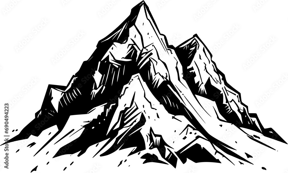 Fototapeta premium Snowy Mountain Landscape Vintage Outline Icon In Hand-drawn Style