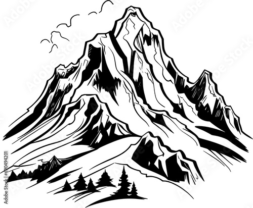 Snowy Mountain Landscape Vintage Outline Icon In Hand-drawn Style