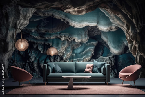 Room with a rock wall and a couch with pillows on it, wallart background