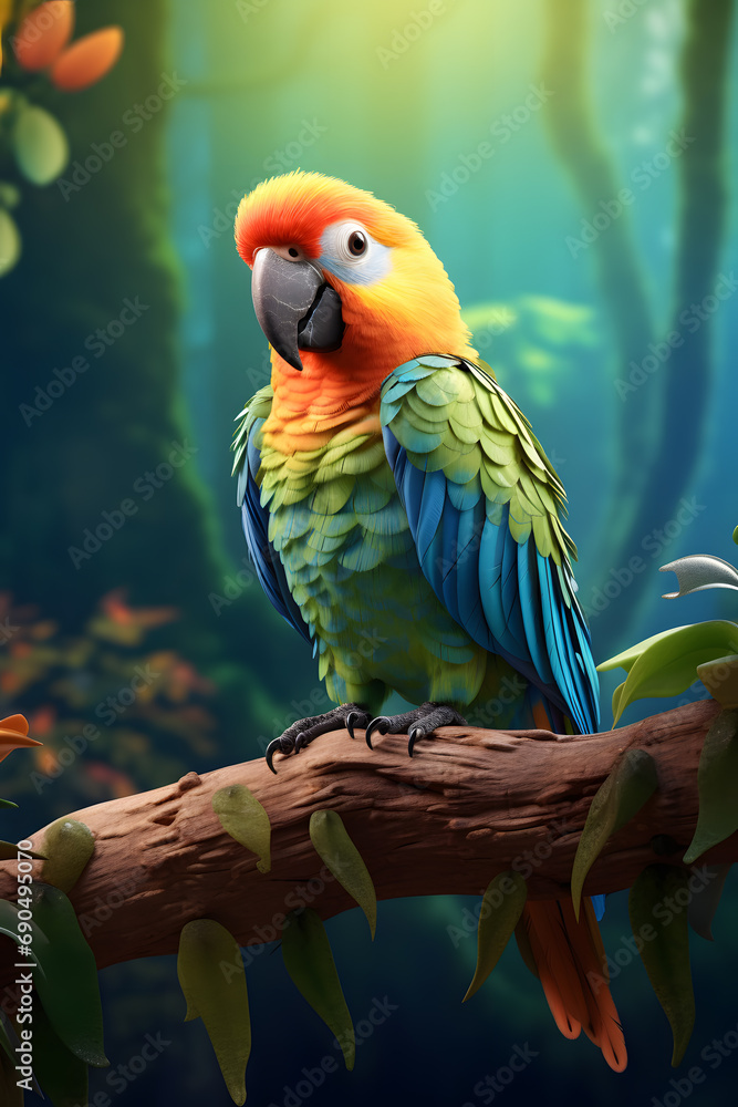 Colorful bird Parrot with Tree Perched on a Branch in the background
