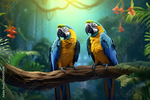 A group of colorful parrots perched on a tropical branch during golden hour