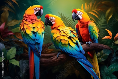 A group of colorful parrots perched on a tropical branch during golden hour