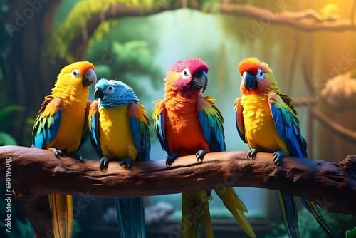 A group of colorful parrots perched on a tropical branch during golden hour © katobonsai