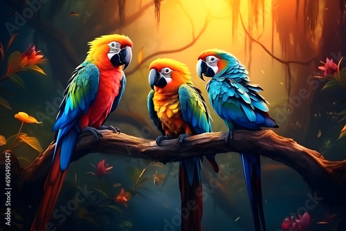 A group of colorful parrots perched on a tropical branch during golden hour