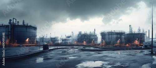 Overcast weather. Oil tanks for transporting oil at a refinery and pumping station. photo