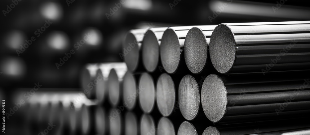 Fototapeta premium Warehouse storing and stacking steel round bars for industrial construction, with shallow focus and black-white color scheme.