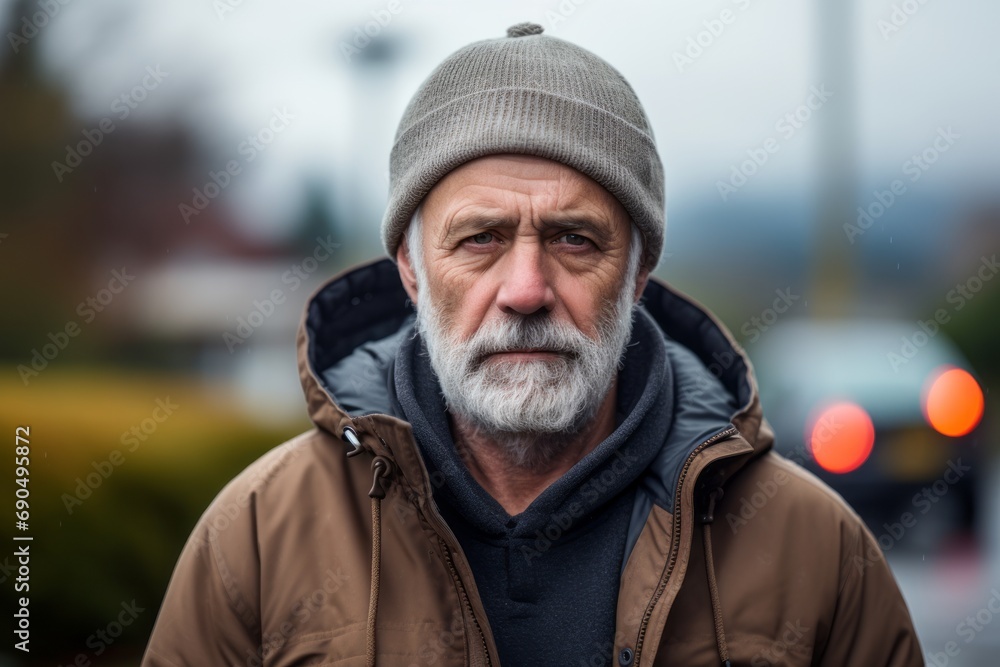 Portrait of an old man with gray beard and hat on the street. Portrait of an old man with gray beard and hat on the street.