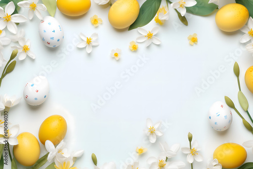  easter card, easter bunny with eggs, easter eggs and flowers, easter eggs in a basket, easter eggs and flowers on a white background, easter wall paper and background for social media #690496030