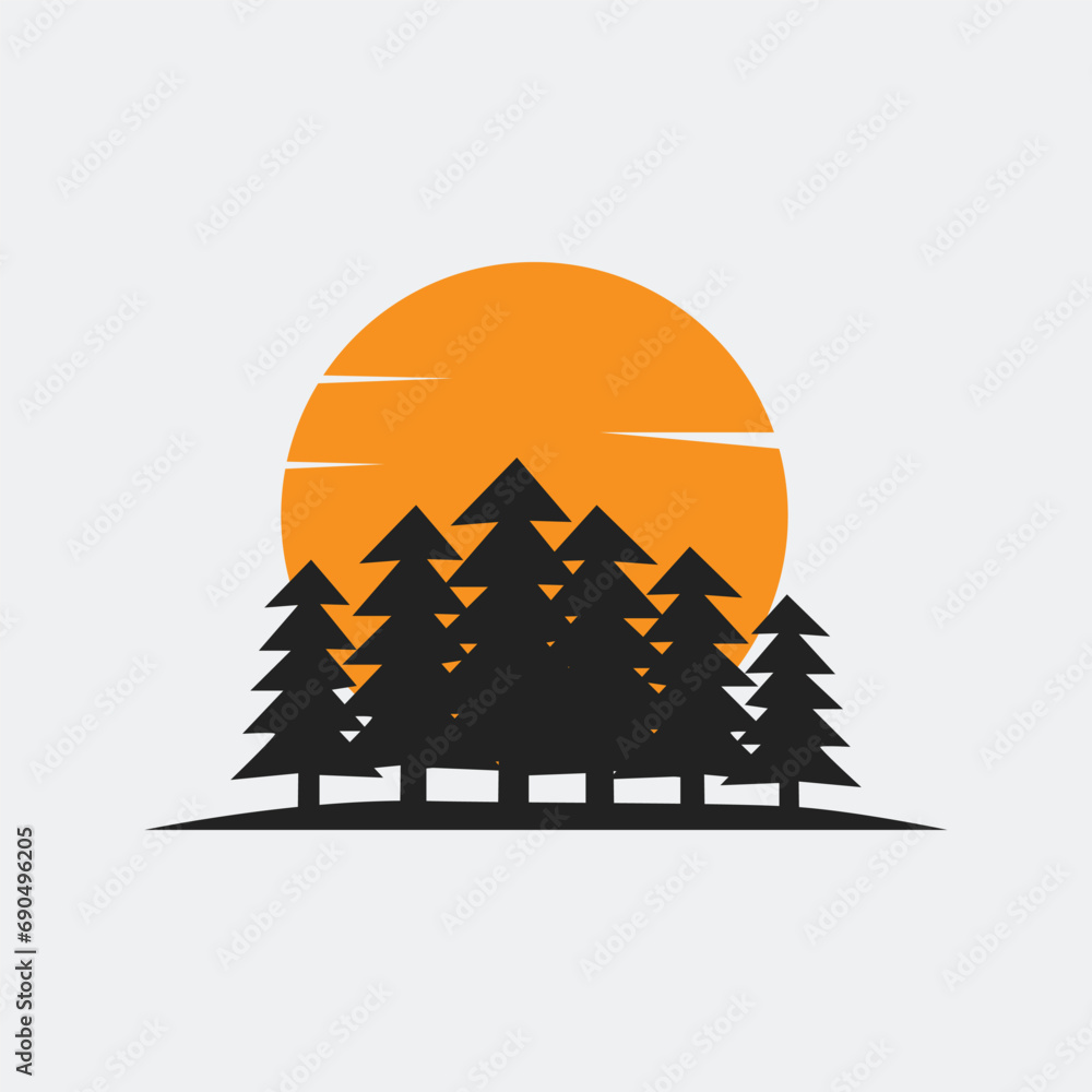 Vector sunset with pine trees