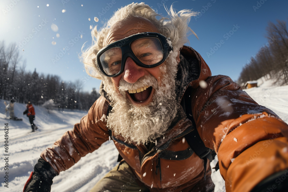 Fototapeta premium Active sport elderly healthy lifestyle concept. Selfie portrait of senior active smiling man with beard snowboarding skiing in glasses look happy on top of mountains winter day time, happily retired