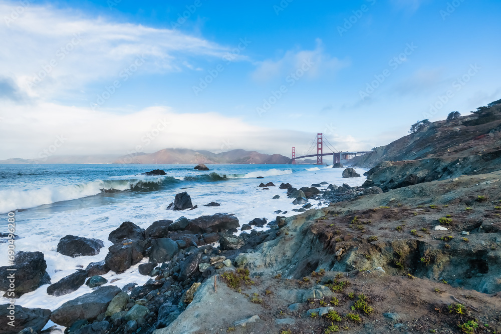 Beautiful view of the Golden Gate Bridge in San Francisco, pastel colors. Concept, travel, world attractions Beautiful view of the Golden Gate Bridge in San Francisco, pastel colors. Concept, travel, world attractions