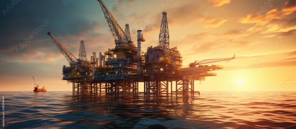 Construction of offshore oil and rig platform during sunrise or sunset, for extracting energy from the sea.