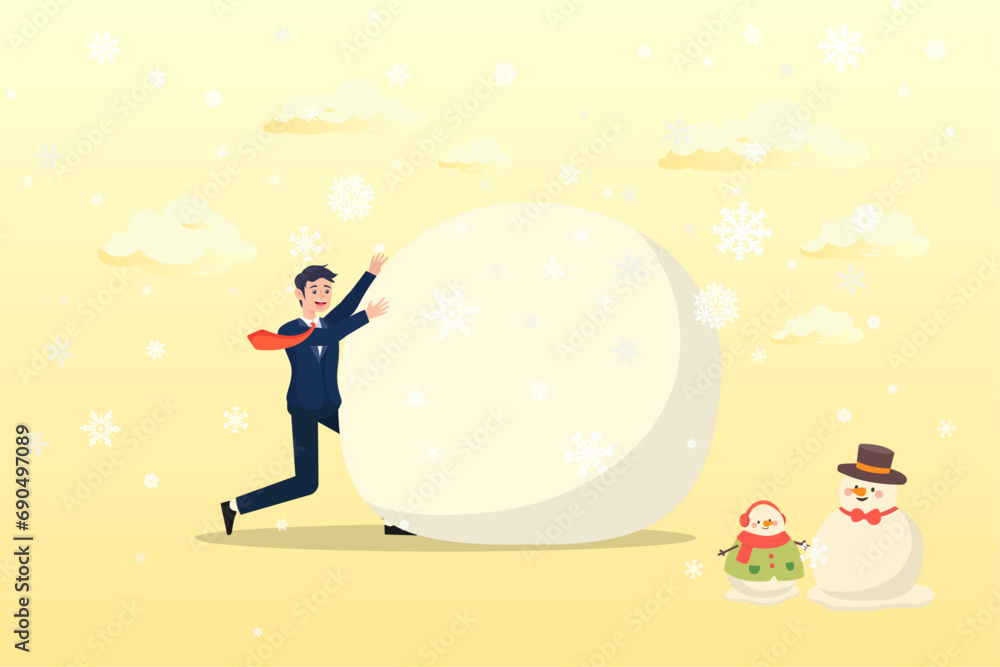 Businessman investor rolling large snowball build up from small getting bigger, snowball effect from small build up larger with potential risk, financial growth or mistake (Vector)