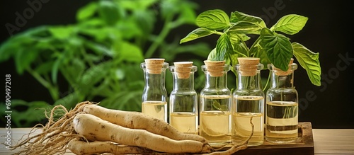 Laboratory tests on Korean ginseng to examine raw materials for medicine production, including natural root ingredients.
