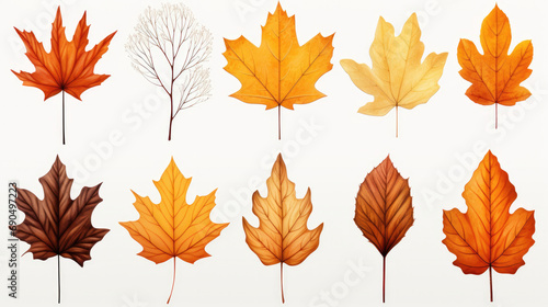 Collection of fallen leaves from different trees: maple, oak, birch, red maple, poplar on a pale white background forming a pattern, frame, banner, texture, paper. Ai generated