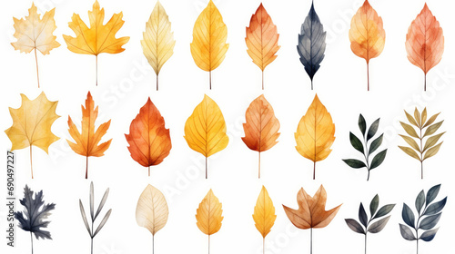 Leaf swatch in various autumn colors: orange, brown, yellow, grey, beige on white background for packaging, frame, pattern, banner, texture, design. Ai generated